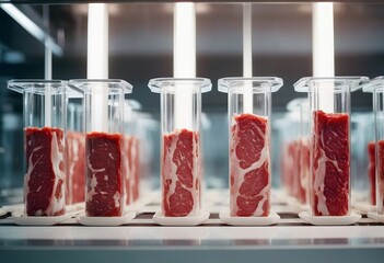 Wall Mural - Meat sample plastic cell culture dish in modern laboratory or production facility. Clean cell-based meat concept. Muscle and connective tissue cultured in vitro from animal cells.