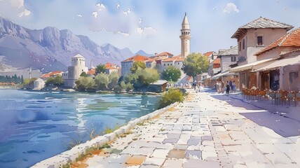 Wall Mural - Watercolor painting of small Balkan town