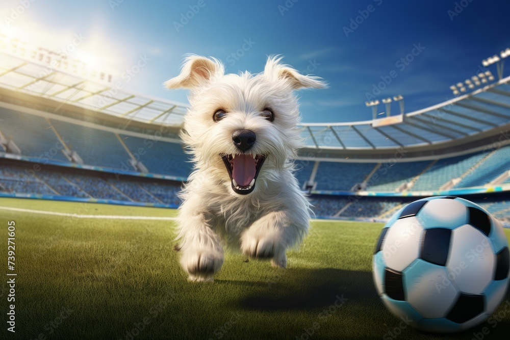 A dog with a soccer ball on the football field, playing football at the ...