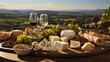 Assortment of artisanal cheeses and bread on a rustic wooden table, wine bottles and vineyard landscape in the distance, capturing the essence of culinary tours