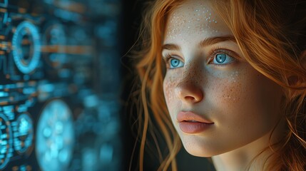 Fototapete - GUI (Graphic User Interface) concept depicting a female engineer.