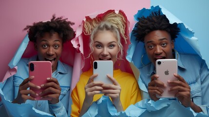 Sticker - The best offer ever. Three young diverse people are holding 3 big cell phones in hand, showing to the camera through torn holes in the paper. Gadgets with empty copy space, banners to advertise.