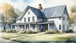 Watercolor architectural illustration of a modern farm house from Generative AI