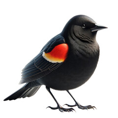 a red-winged blackbird, depicted in a vector style, isolated on a white background, showcasing its distinct black feathers, beak, and vibrant red wing patch among a variety of bird 