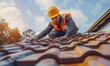 © Filip - Worker with safety yellow helmet working on tiles installation