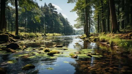 Wall Mural - A vibrant summer scene at a forest lake, the water teeming with life, the surrounding foliage lush and green, the scene a lively and refreshing retreat into nat