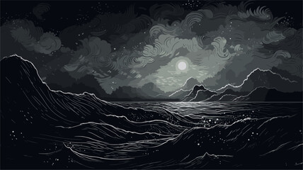 Wall Mural - Abstract dark and stormy seascape  representing turbulent emotions. simple Vector art