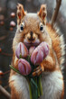 A squirrel holding flowers