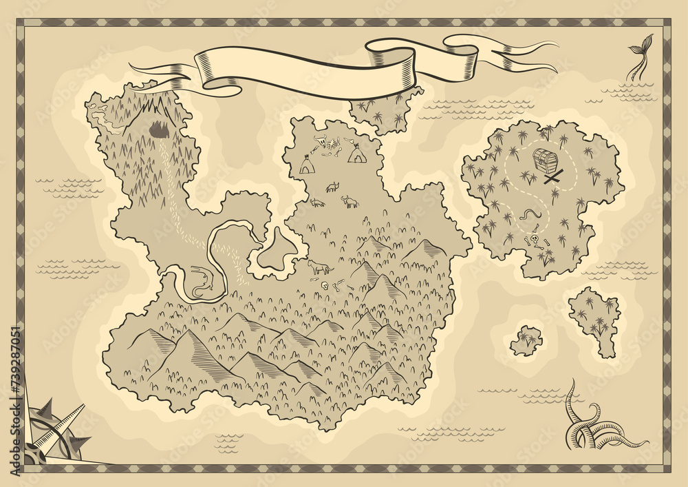 Old antique treasure map. Cartoon island map template for next level ...