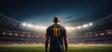 Fototapeta Sport - Football player stands on modern football pitch stadium with strong lights, sport panorama