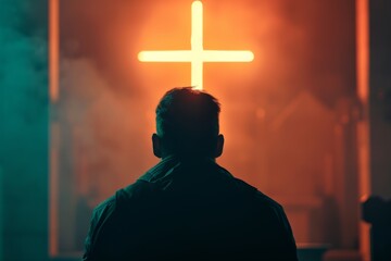 Wall Mural - Christian man praying in front of the cross.