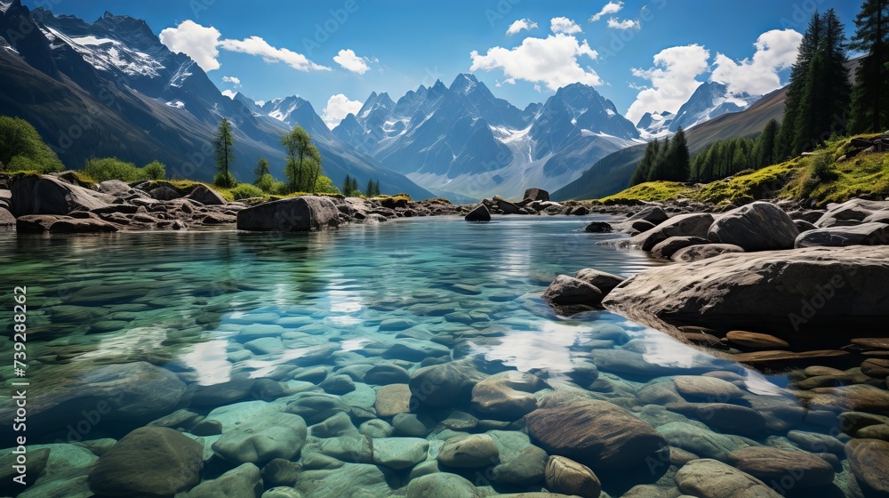 Alpine lake surrounded by snow-capped mountains, crystal clear water ...