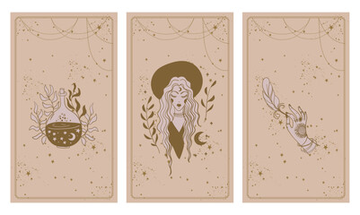 Wall Mural - Set of three tarot cards, heavenly and mystical motifs, witch with magic potion, female hand with feather, boho tattoos, vector illustration.