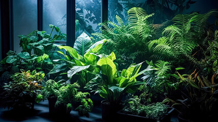 Plants basking under ultraviolet light, illustrating the concept of indoor gardening at home. Vibrant foliage thriving in artificial lighting conditions.
