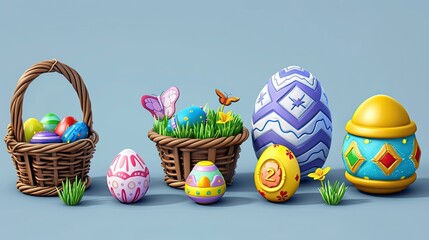 Wall Mural - 3d illustration, some items about easter, icons and symbols in cartoon clip art style