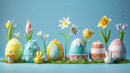 Wall Mural - Easter items and icons, 3D cartoon style. Blue background