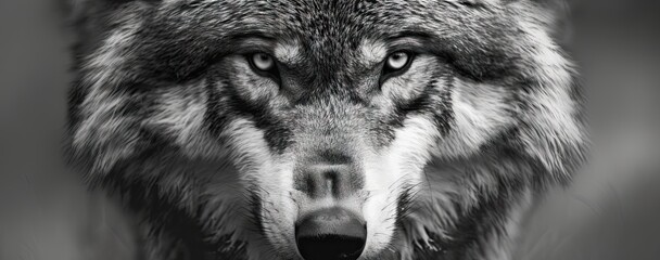 Aggressive wolf head detail in black and white color.