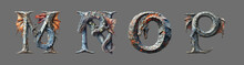 Letters M, N, O, P In Dragon Style. Unusual Fantasy Font On The Gray Background.	