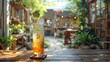a glass ice lemon tea served on the wooden table, with background of tiny courtyard on the backyard of urban building. incorporating plants, rock and outdoor furniture.
