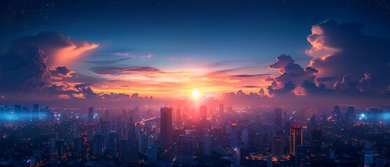 Aufkleber - An overview of wireless network and connection technology over the Bangkok city background in Thailand at night, with the panorama view of the city