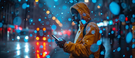 Leinwandbilder - An individual using a mobile smart phone with a global network connection. He is using technology, innovation, and communication tools.