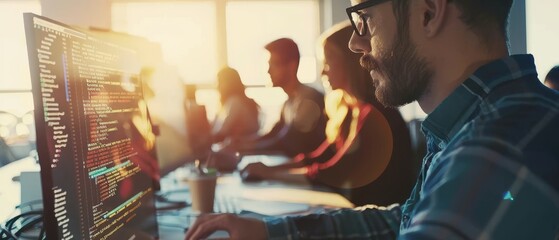 Poster - A team of programmers coding a new app in an office. High-resolution picture.