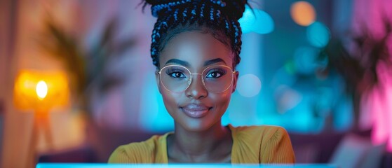 Leinwandbilder - This is a portrait of a beautiful Asian woman wearing glasses, using a laptop computer, looking at camera and smiling. She is a Software Engineer, a Developer, or an Information Technology Specialist.