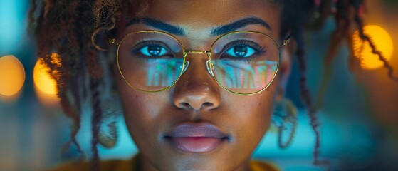 Leinwandbilder - The picture shows a beautiful, diverse female wearing glasses, using a laptop computer, smiling and looking at the camera.