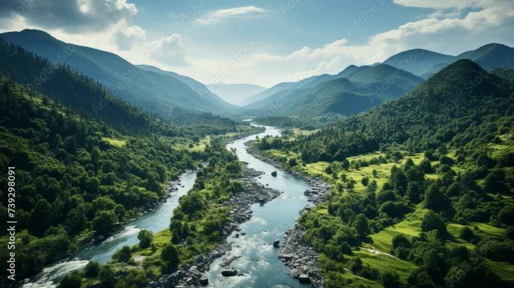 Dense exotic jungle from an aerial view, lush green canopy, winding ...