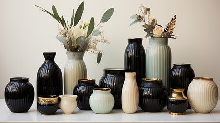 An elegant collection of home decor items, including chic vases, modern sculptures, and artisanal candles, each piece artfully arranged against a pure white bac