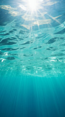 blue sea underwater photo.Minimal nature and summer vacation concept.Flat lay,top view,copy space.Trendy social mockup or wallpaper.Advertisement for summer season travel agencies.