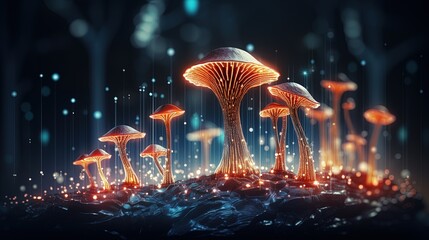 Wall Mural - abstract background with a growing digital mushroom. machine learning and big data array visual conc