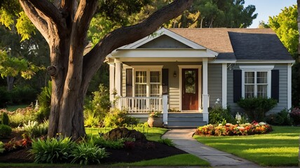 Wall Mural - Small old colonial house with entrance porch and front yard lawn and flower beds, with morning sunlight from Generative AI