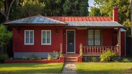 Wall Mural - Small old red theme house with entrance porch and front yard lawn and flower beds, with morning sunlight from Generative AI