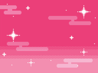 Wall Mural - Bright Pink Dreamy Sky with Shine Star and Motion Cloud, Pixel Art Background