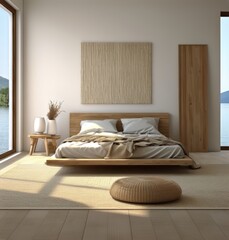 Wall Mural - Serene lakeside bedroom interior at dusk with modern minimalist design