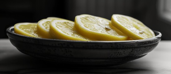 Poster - Fresh bowl of vibrant yellow lemons on rustic wooden table