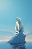 Fototapeta Sawanna - White bear sitting on small melting iceberg in the ocean. Polar bear at north