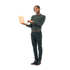 full body photo of a black man using a laptop. full body photo png with transparent background preci