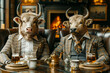 Aristocracy and upper class concept. Two bulls in fashionable suits sitting in luxury chairs in front of fireplaceю 