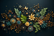 Beautiful 3d Ornament Of Yellow Golden Green Flowers And Leaves On Dark Backdrop.