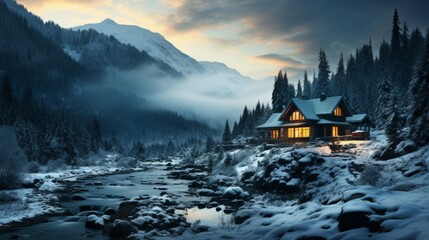 Wall Mural - A lone cabin nestled in a snowy mountain forest, smoke rising from the chimney, peaceful and isolate