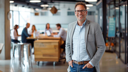 Poster - Leadership, business man boss and corporate director working with vision, success and motivation in company office. Portrait of senior executive ceo, happy professional entrepreneur and smile manager