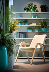 Wall Mural - chair sits in front of a shelf with plants and a book shelf