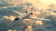 A private jet soars above a sea of golden clouds illuminated by the setting sun, embodying luxury and freedom.