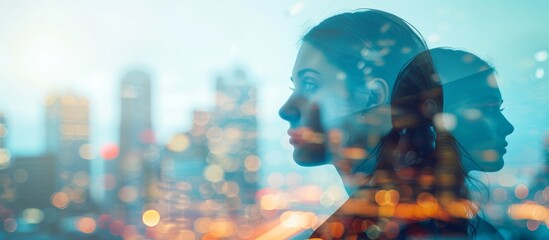 Poster - Serene woman admiring beautiful city skyline view from rooftop terrace at sunset