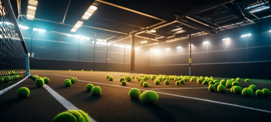 Tennis balls background after the game. Close up view of green tennis balls