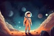 Create a beautiful illustration of a little boy dressed in a spacesuit, walking on a distant planet in the universe, perfect as an illustration for a book. In this captivating image, the little bois