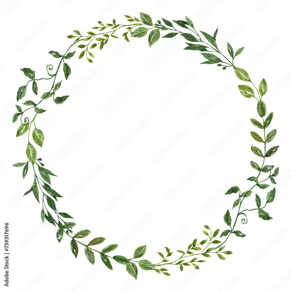 Floral greenery wreath made of green leaves and foliage. Watercolor ...