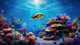 Fototapeta Do akwarium - Fish in the water, coral reef, underwater life, various fish and exotic coral reefs